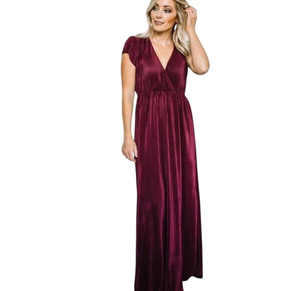 Baltic Born Athena Pleated Maxi Dress Womens Size Medium Mulberry Red Faux Wrap. - Picture 1 of 7